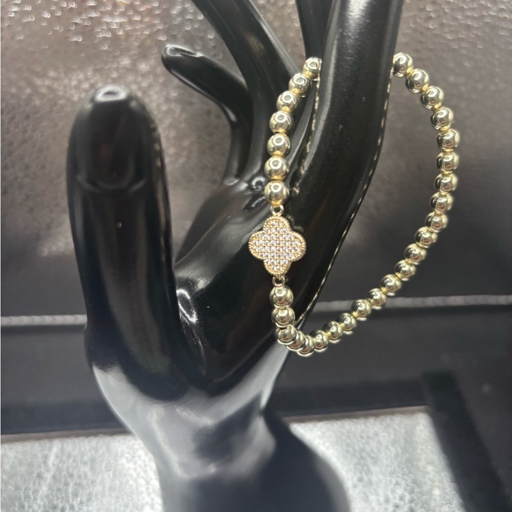 Gold Beaded Bracelet with Pave Clover Accent - Women